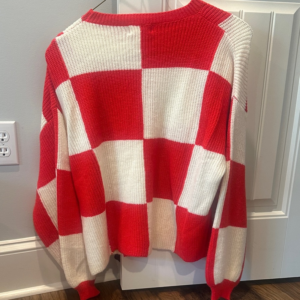Bold Red and White Checkered Women's Sweater - Picture 5 of 5